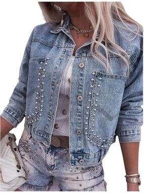 Women's Blue Studded Denim Jacket Casual Loose Cropped Jean Coat Long Sleeve